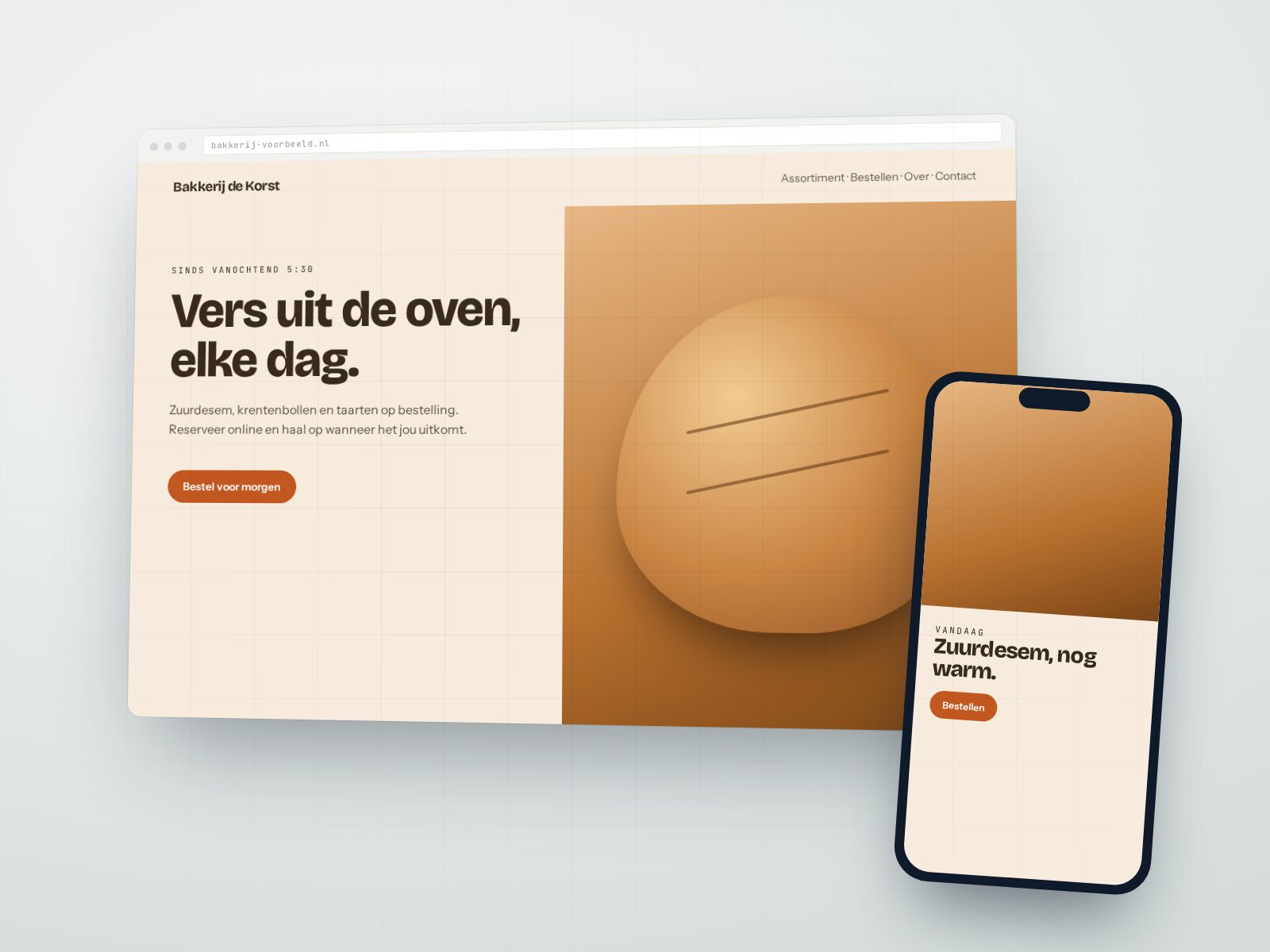 Website voor een ambachtelijke bakkerij, getoond op laptop en telefoon