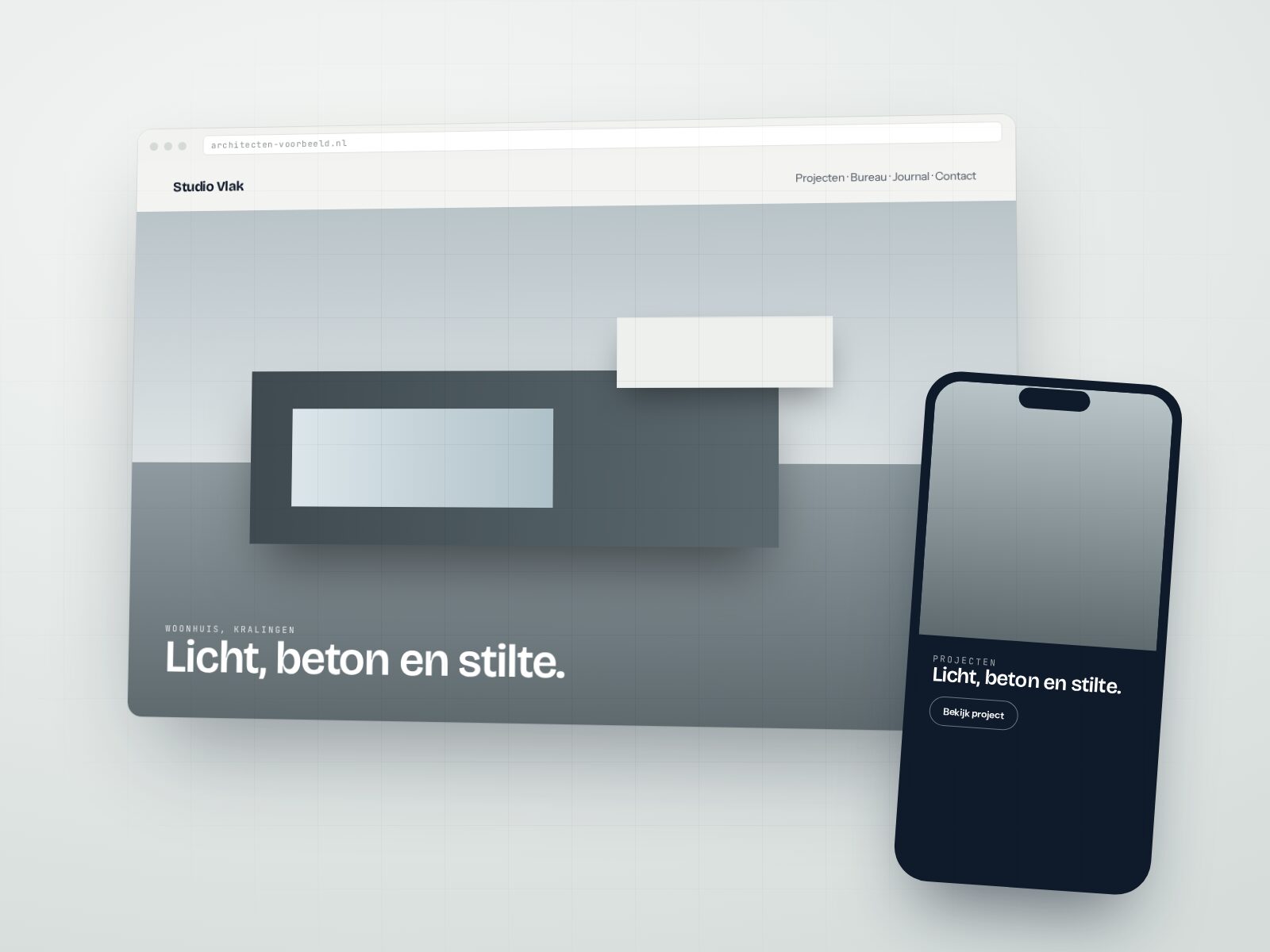 Website voor een architectenbureau, getoond op monitor en tablet